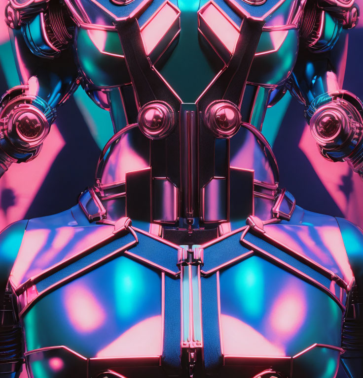 Detailed Futuristic Robot with Blue and Pink Lights on Metallic Surface