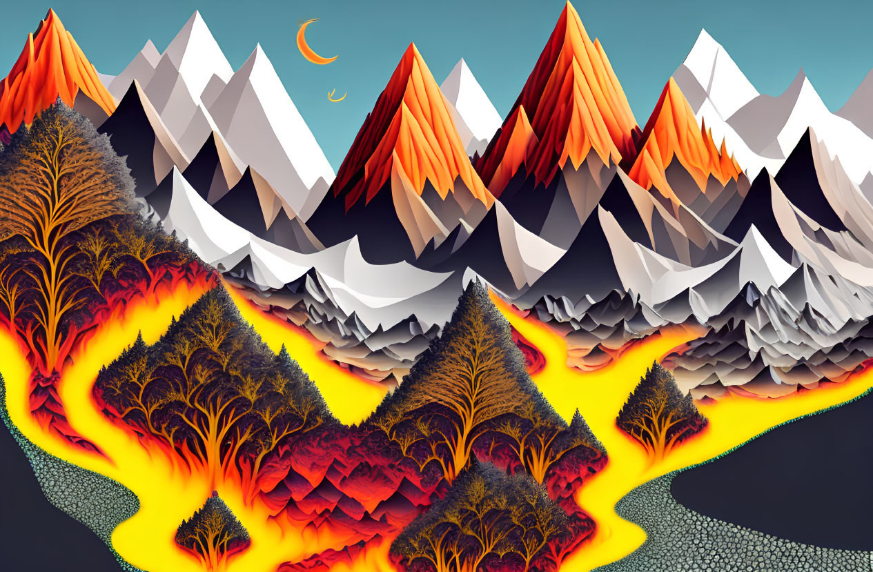 Surreal landscape with fiery rivers, autumn trees, and geometric mountains at dusk