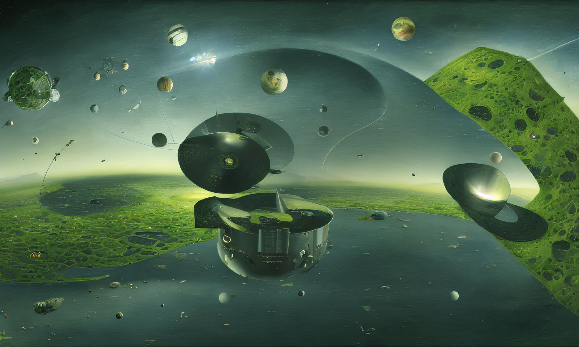 Surreal landscape with planets, spacecraft, and green terrain