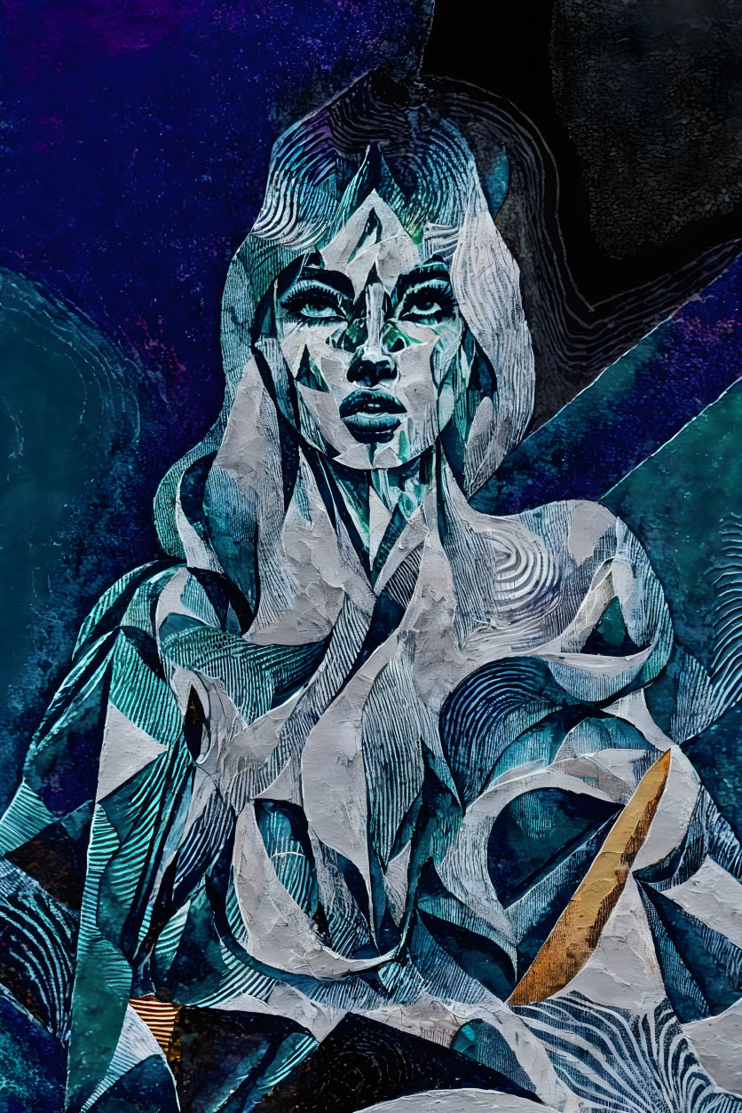 Stylized abstract portrait of a woman with blue geometric collage