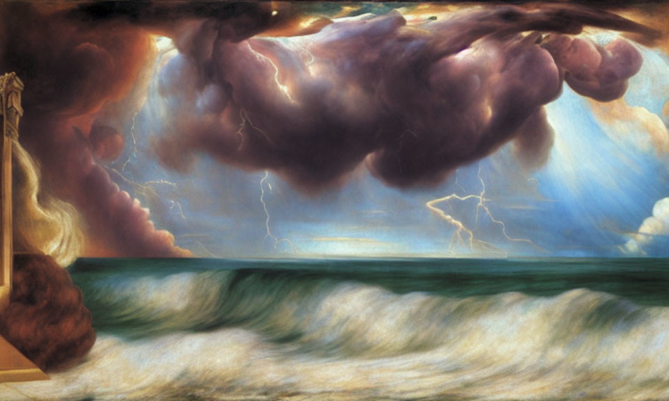 Dark storm clouds, lightning strikes, and turbulent ocean waves in dramatic seascape.