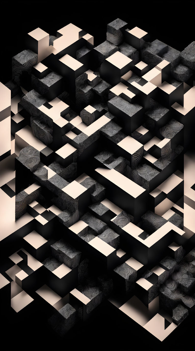 Abstract 3D labyrinth with geometric shapes and moiré pattern.