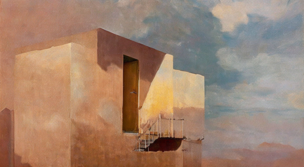 Minimalist building painting with warm tones and soft cloudy skies