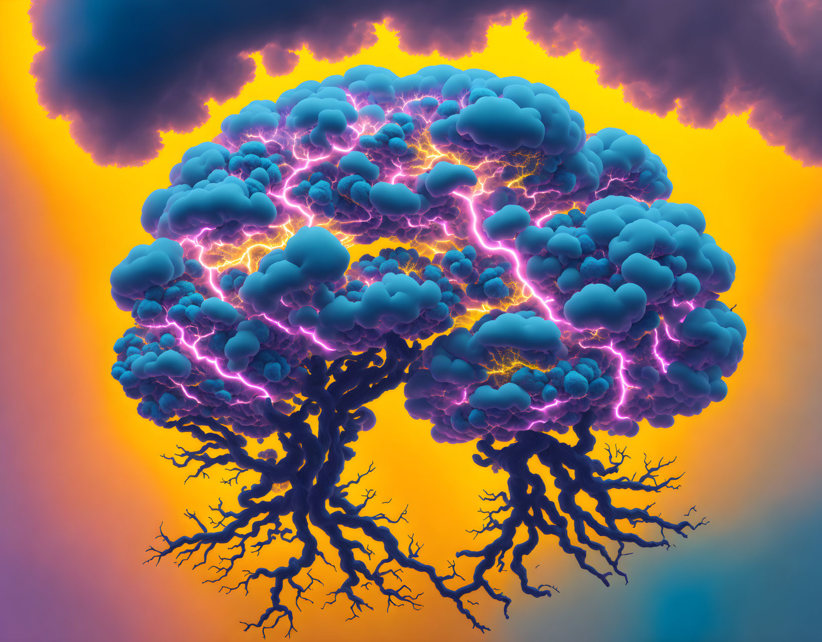 Digital illustration: Tree-like structures with brain-shaped canopies, lightning, orange background