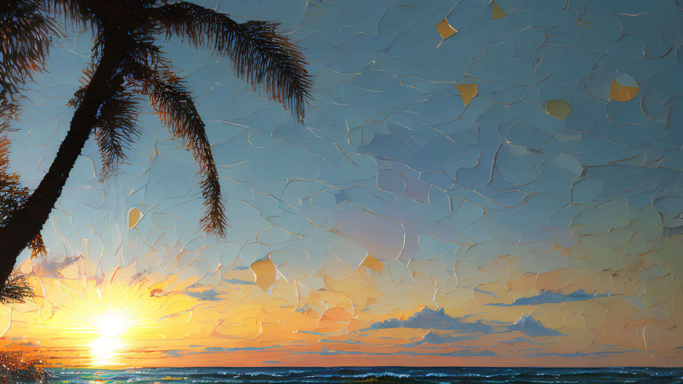 Vibrant sunset by the sea with palm trees and geometric sky.