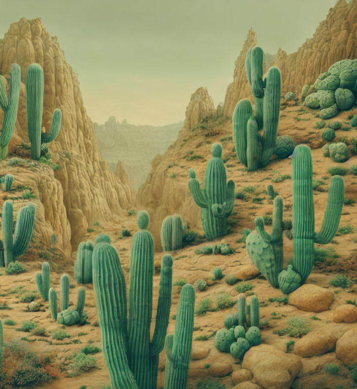 Desert Landscape with Tall Saguaro Cacti and Arid Terrain