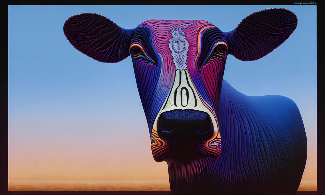 Colorful Stylized Cow Sculpture with Intricate Patterns on Sunset Sky Gradient