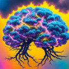 Digital illustration: Tree-like structures with brain-shaped canopies, lightning, orange background