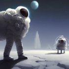 Astronaut in Snowy Terrain with Dome Structure and Planets in Twilight Sky