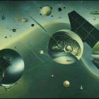 Surreal landscape with planets, spacecraft, and green terrain