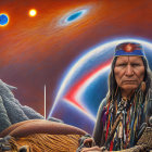 Native American man in surreal landscape with colorful sky and celestial arc