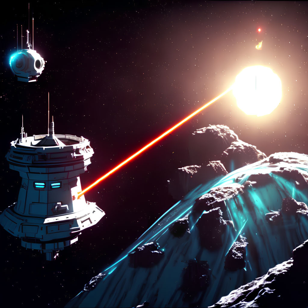 Sci-fi space station orbiting icy planet with red laser beam in galaxy