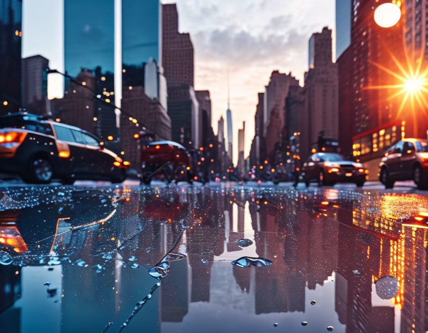 City street scene at sunset with wet pavement, cars, skyscrapers, and dramatic sky