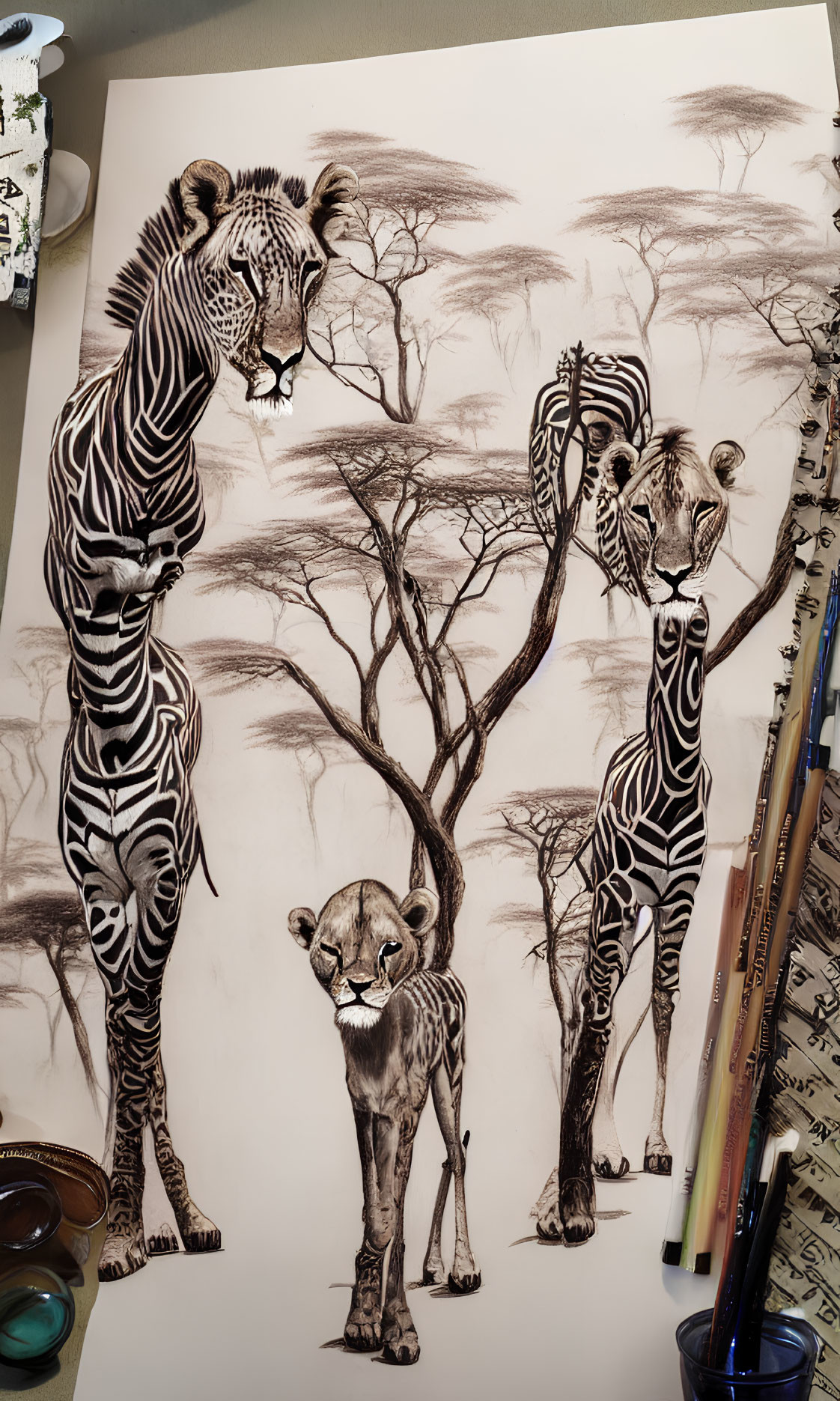 Detailed pencil drawing of three zebras in African savanna setting.