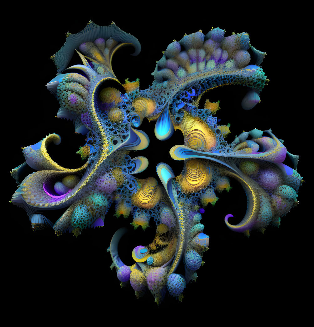 Colorful Fractal Design with Spirals and Patterns on Black Background