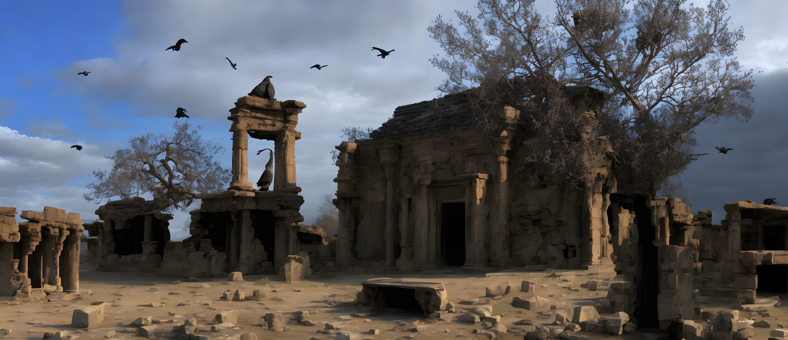 Dramatic Sky Over Ancient Ruins with Birds and Debris