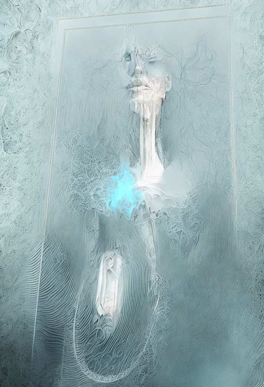 Abstract ethereal image with glowing blue light and ghostly figures on teal background