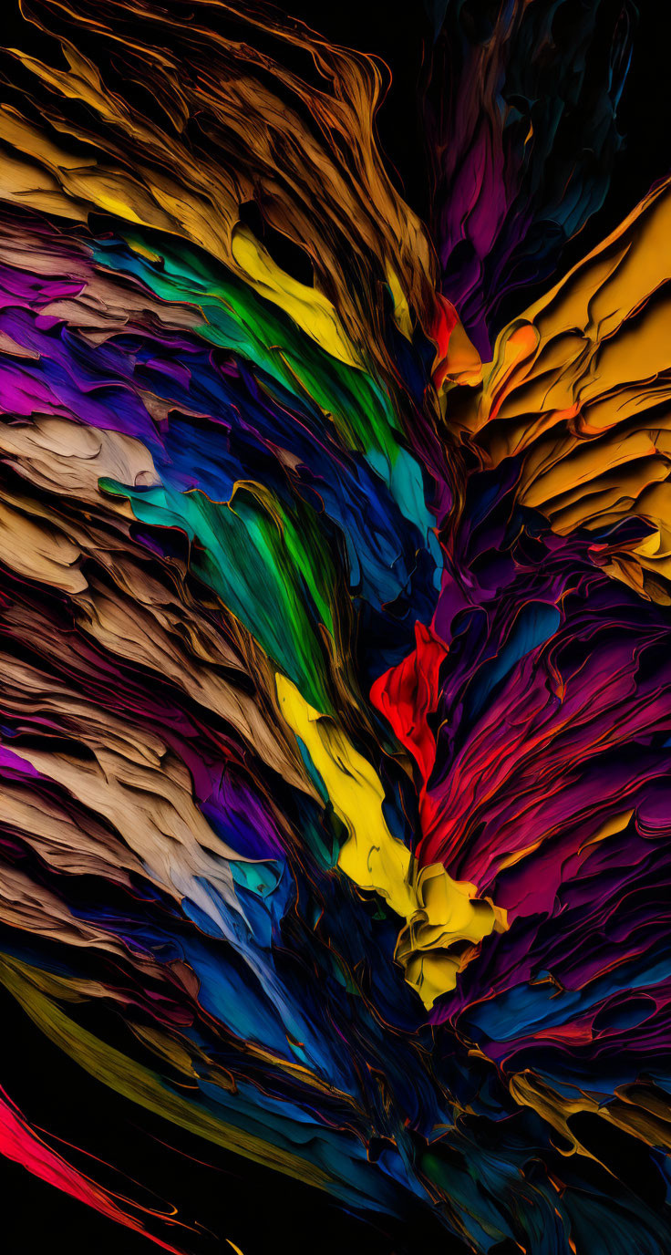 Abstract colorful swirls on black background: Fluid peacock tail vibes