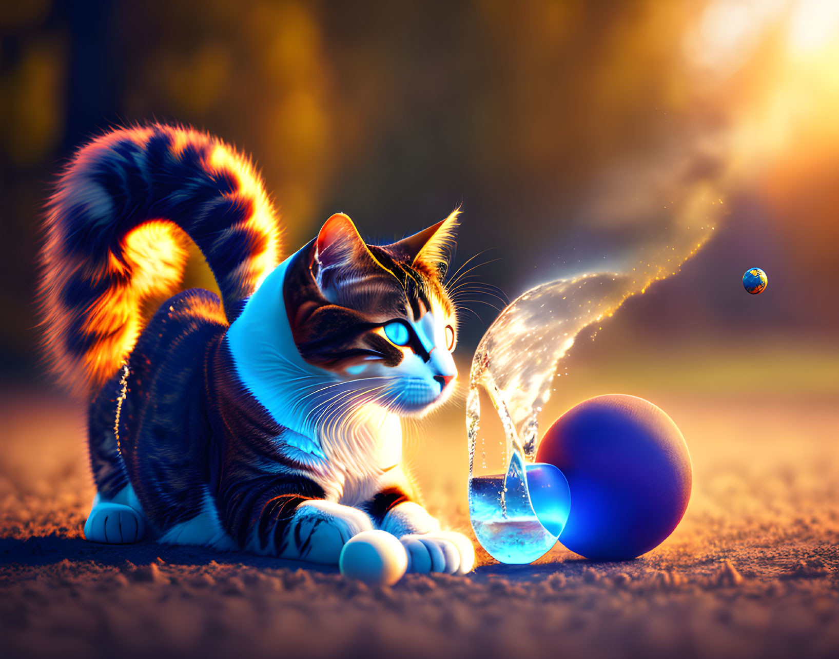 Colorful digital artwork: Cat with luminous, patterned tail observing flowing water at sunset