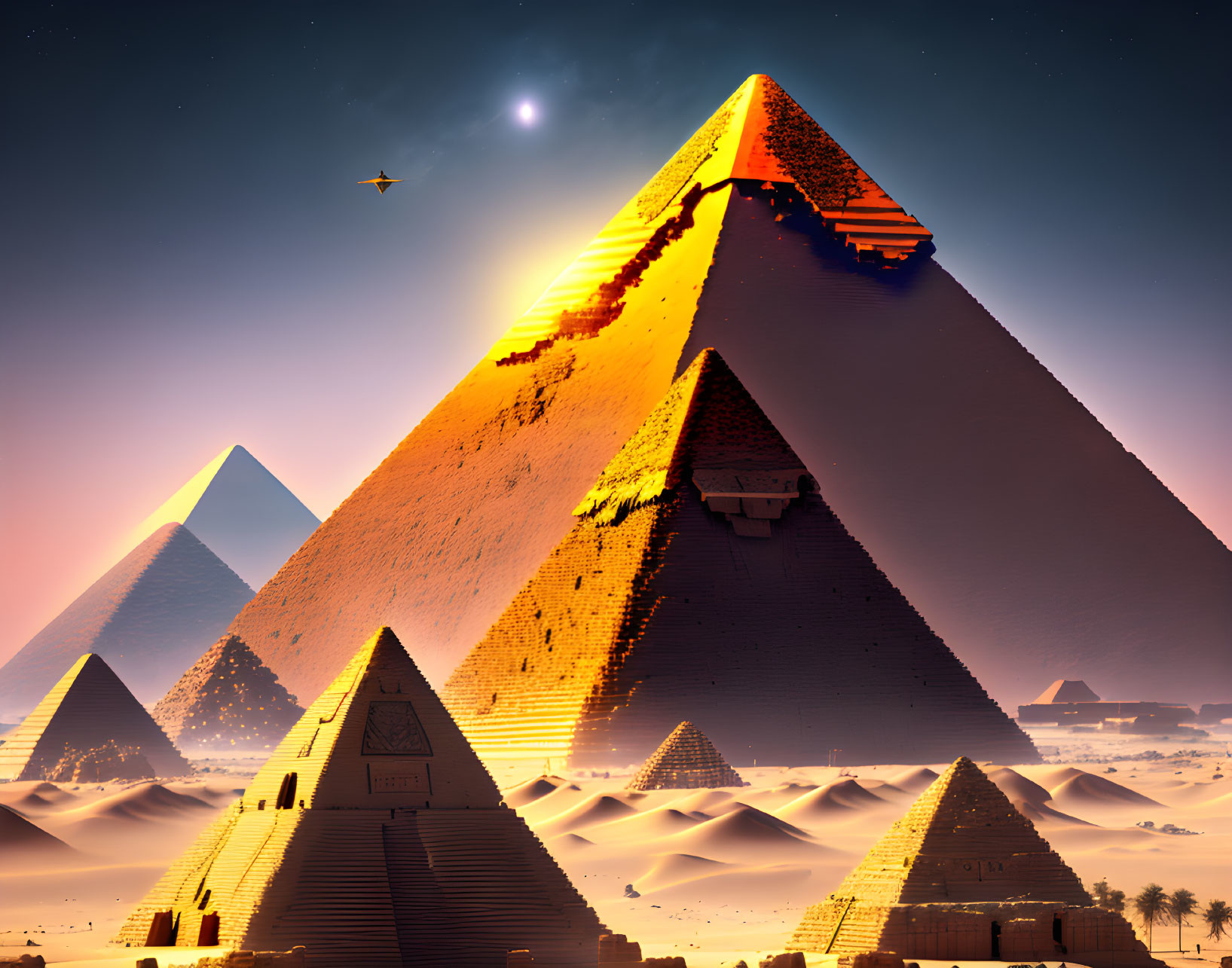 Ancient Giza Pyramids Sunset Scene with Starry Sky