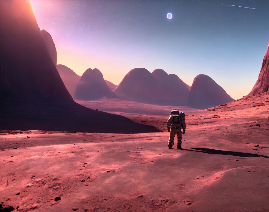 Astronaut on barren alien landscape with rounded hills and pink sky