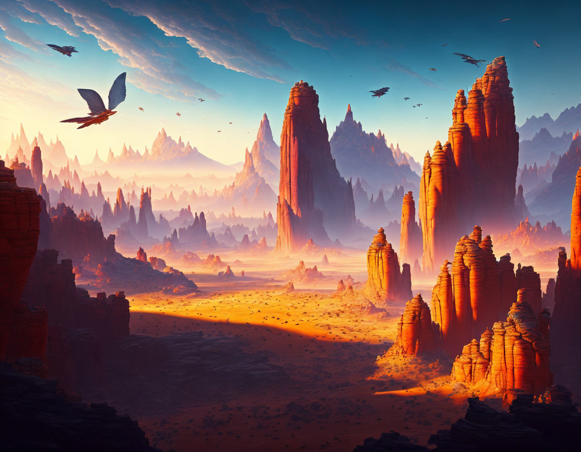 Majestic rock formations in orange desert landscape at sunrise or sunset