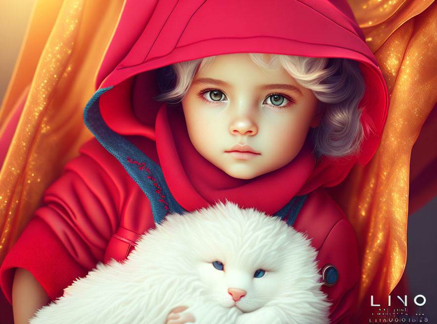 Child in red hood holding white cat on golden fabric.