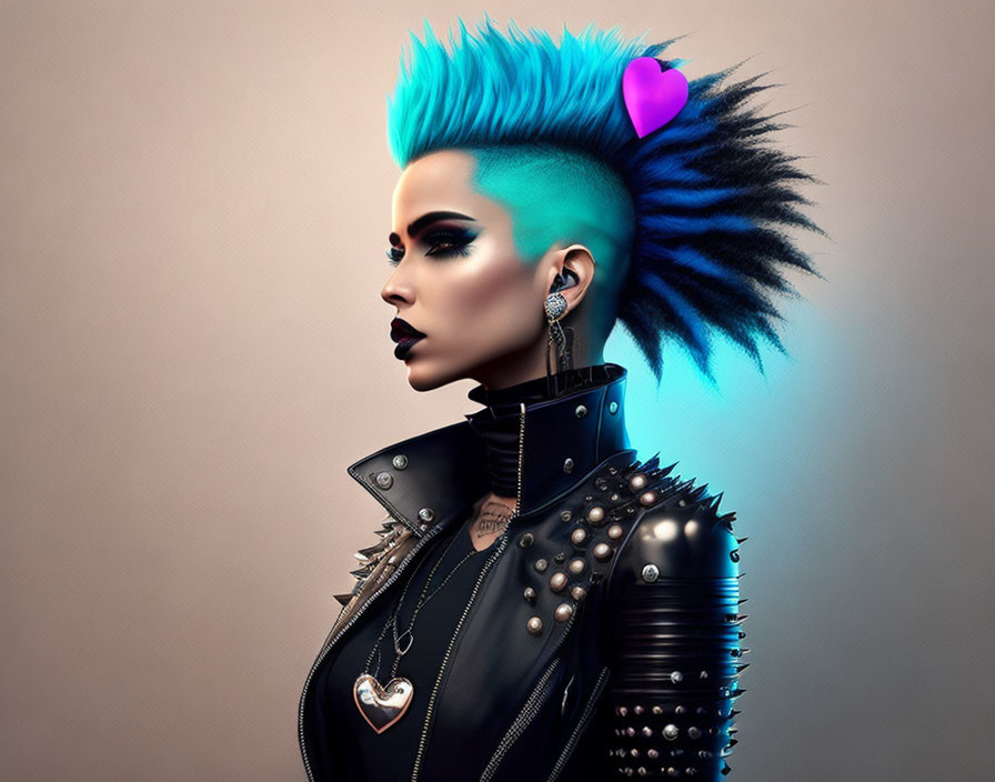 Vibrant blue mohawk person in studded leather jacket on neutral backdrop