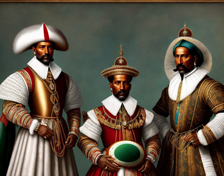 Three men in historical attire with unique headpieces, one holding a rugby ball on grey backdrop