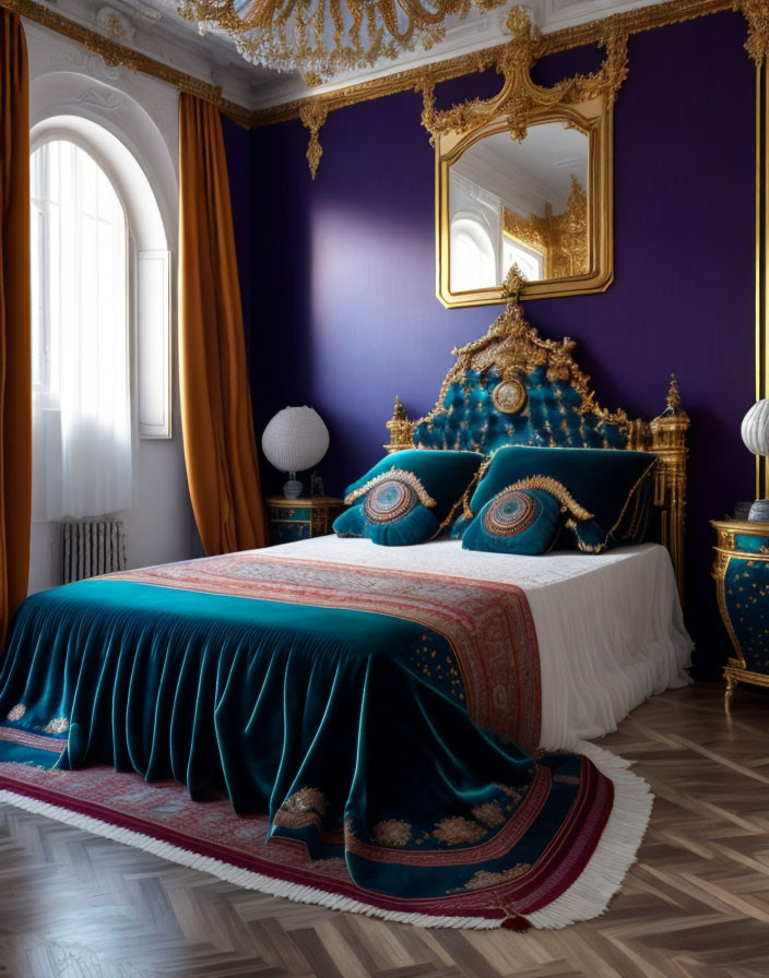 Luxurious Bedroom Decor with Purple Walls and Gold Accents