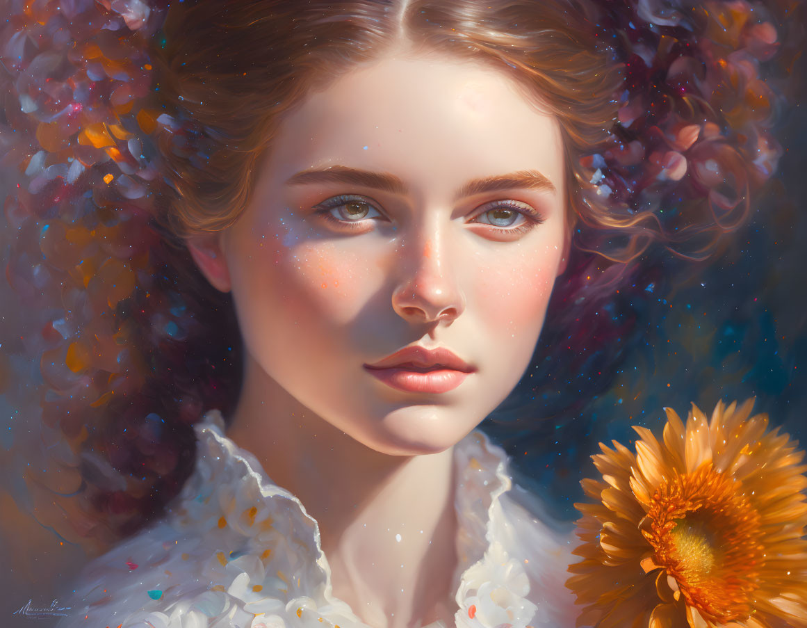 Portrait of young woman with fair skin, blue eyes, rosy cheeks, surrounded by flowers holding sun