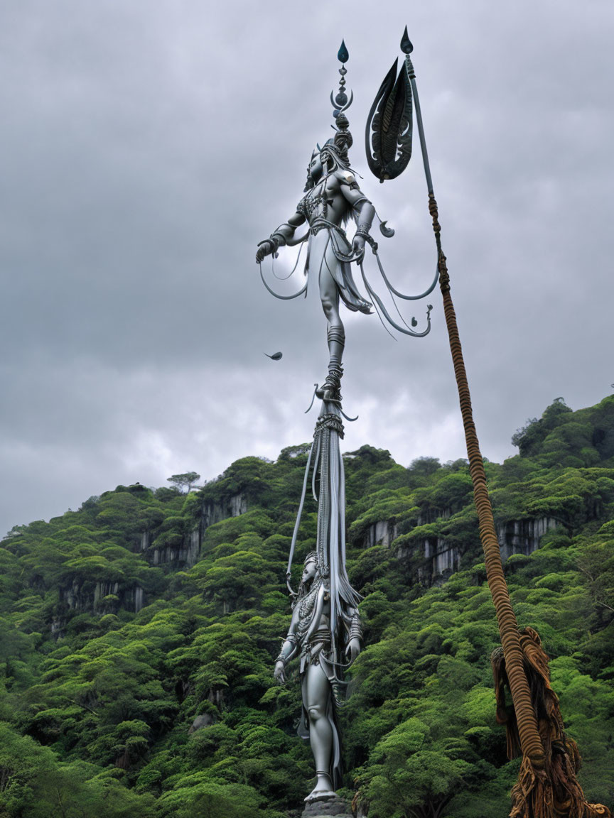 Tall Lord Shiva statue with trident and drum in lush green setting