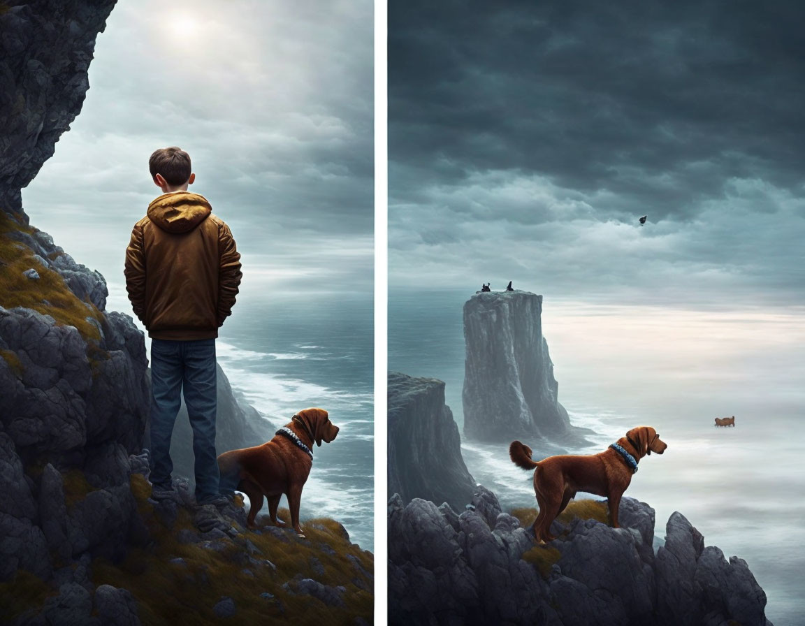 Boy and dog on cliff, gazing at distant chasm under overcast sky. Bird in flight