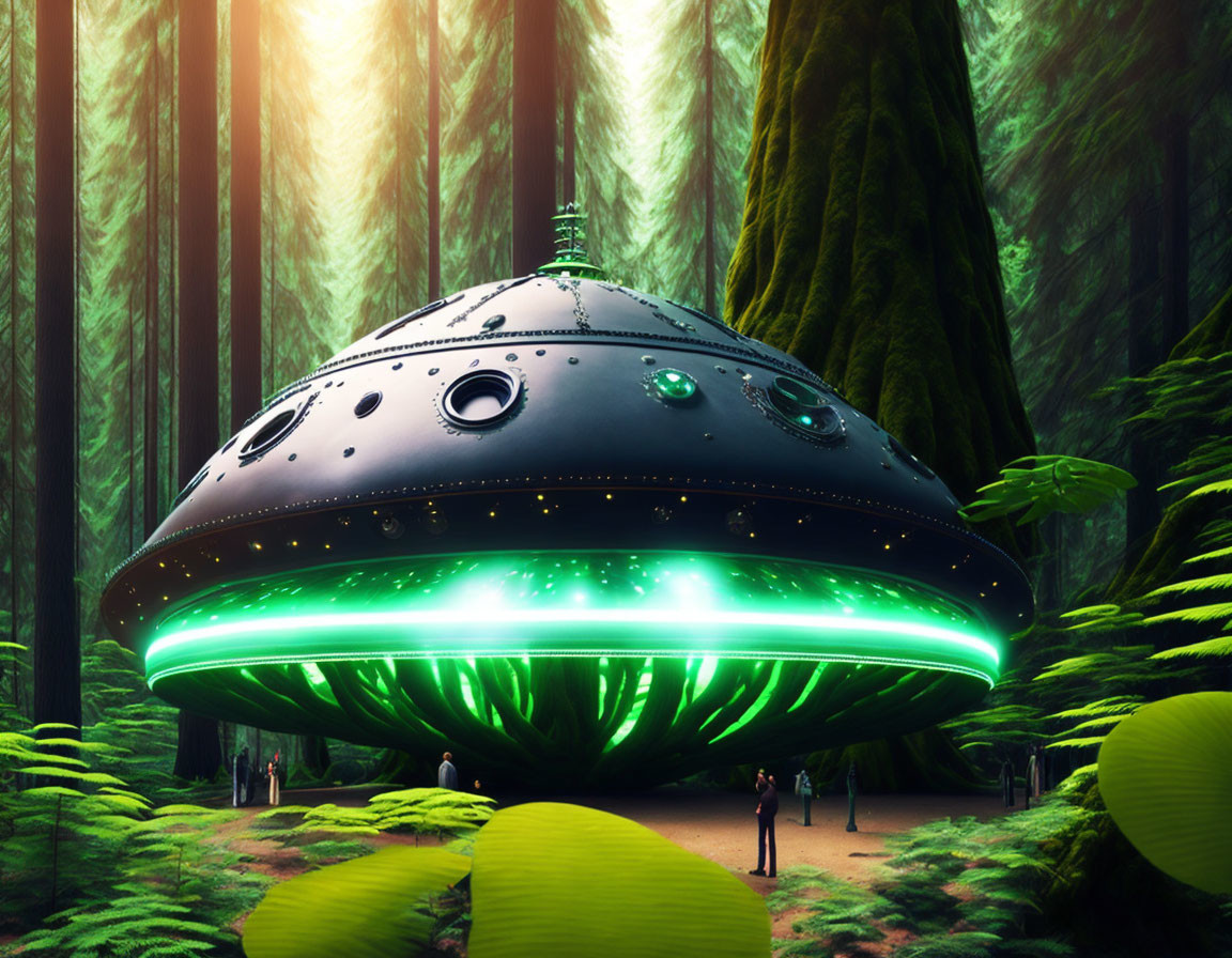 Glowing green lights UFO lands in dense forest