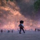 Child with slingshot confronts army in mystical, smoky battlefield