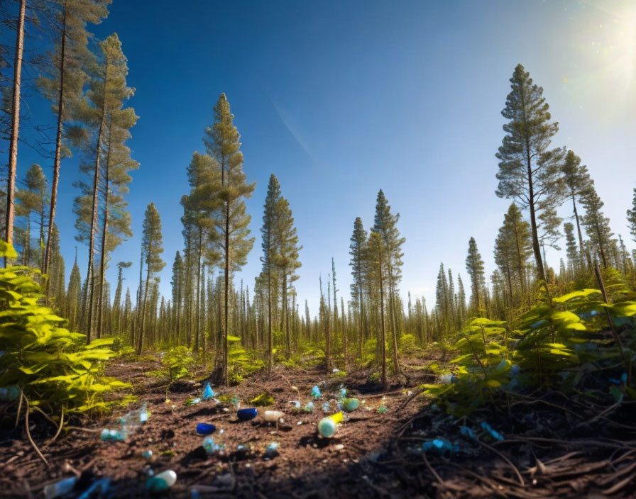 Forest scene with tall pine trees, clear sky, sunbeams, green undergrowth, and Easter