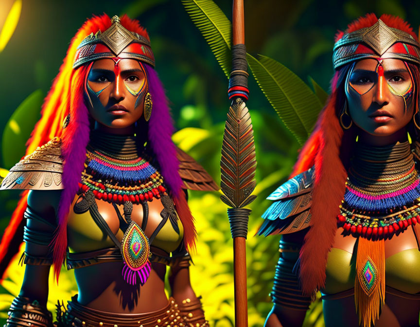 Women in tribal warrior attire with feathers and beads in lush jungle.