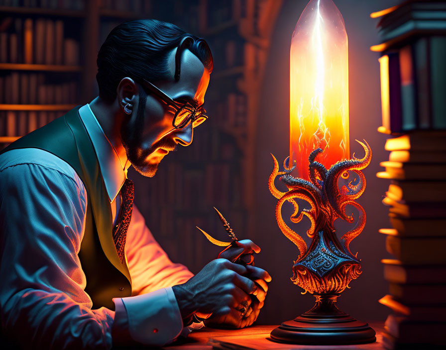 Man with glasses working at desk next to tentacled candleholder in dimly lit library