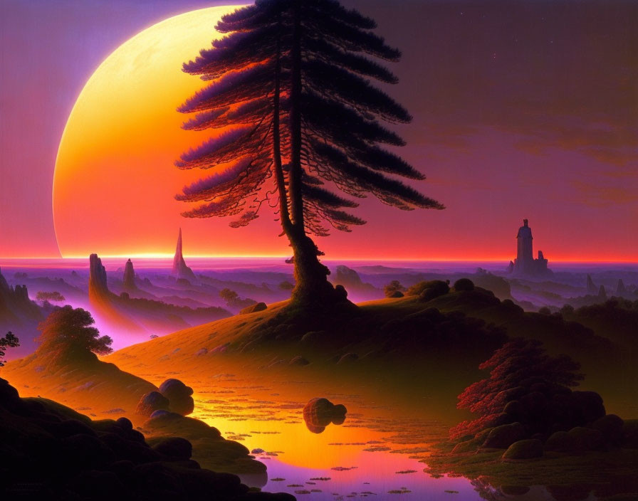 Vibrant pink sky, moon, tree, lighthouse in fantastical landscape