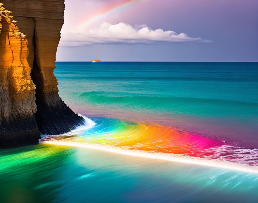 Colorful seascape with rainbow, sandy cliff, paraglider, and rain cloud.