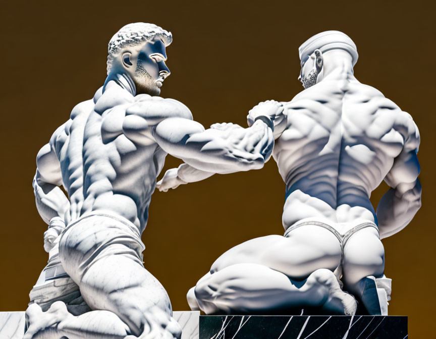 Marble sculptures of muscular men in dynamic pose on golden background