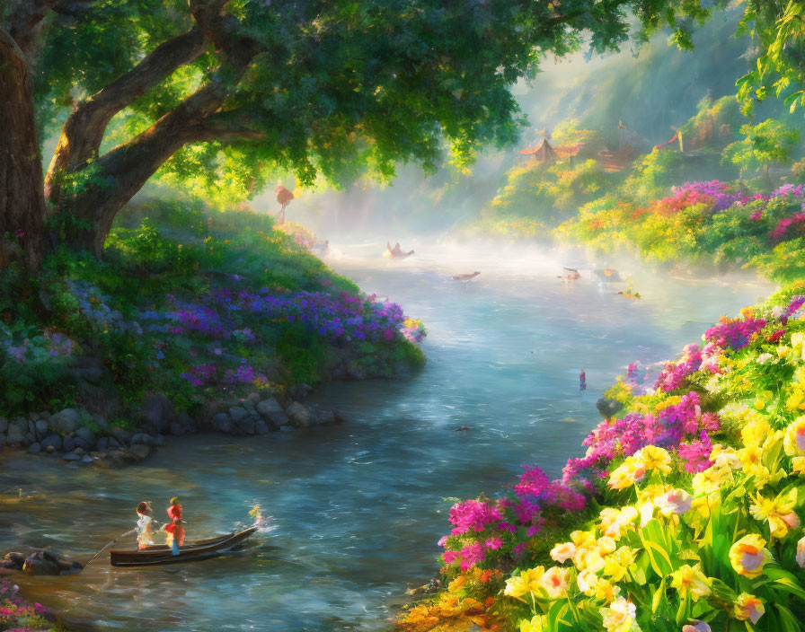 Tranquil river scene with blooming flowers, rowing boats, and misty light