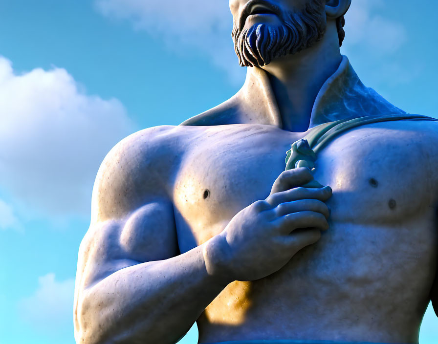 Marble statue of bearded male figure against blue sky