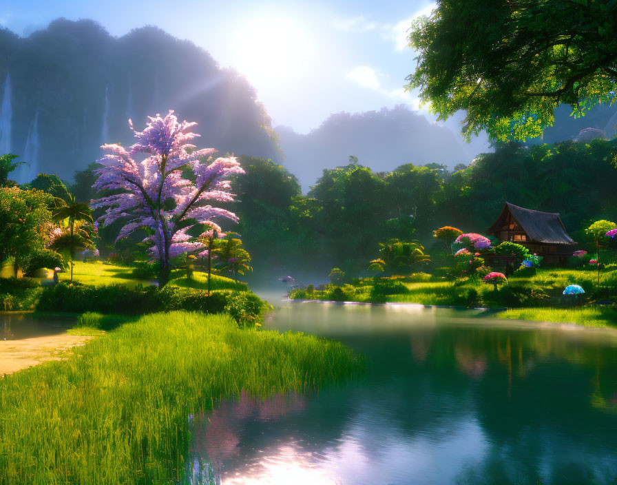 Fantastical landscape with glowing cherry blossom tree, tranquil lake, traditional hut, vibrant flora, and