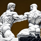 Marble sculptures of muscular men in dynamic pose on golden background