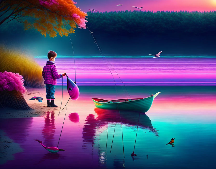 Child fishing by vibrant multicolored lake with boat, lush trees, birds, and sunset sky