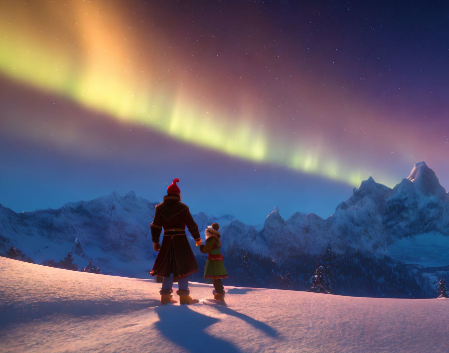 Animated characters viewing northern lights over snowy mountains.