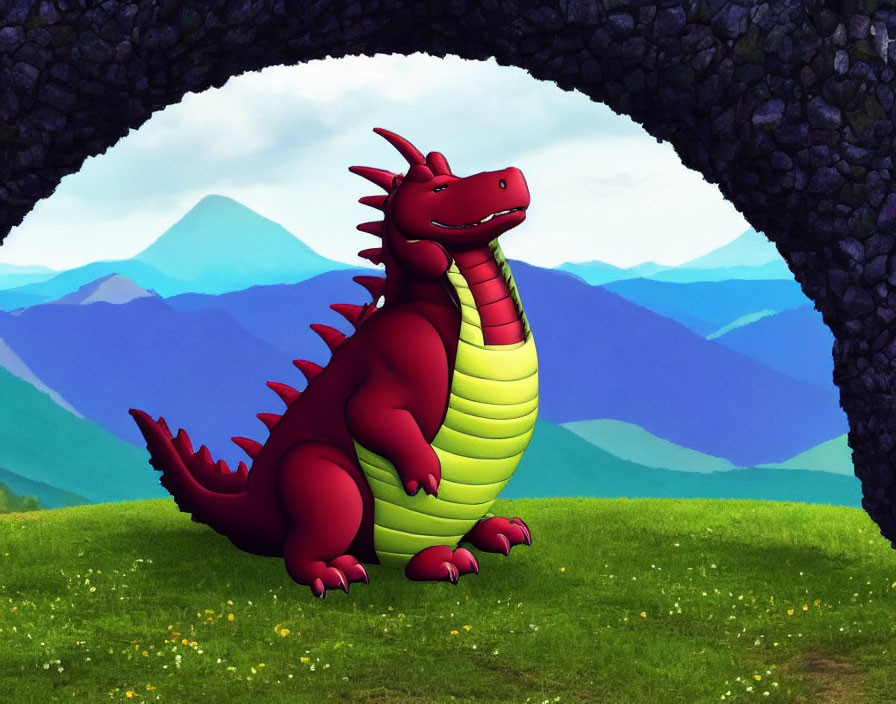 Red Cartoon Dragon Smiling in Sunny Meadow with Archway and Mountains