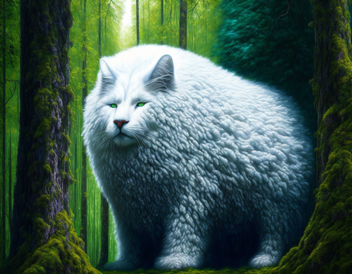 Oversized white cat with green eyes in mystical forest