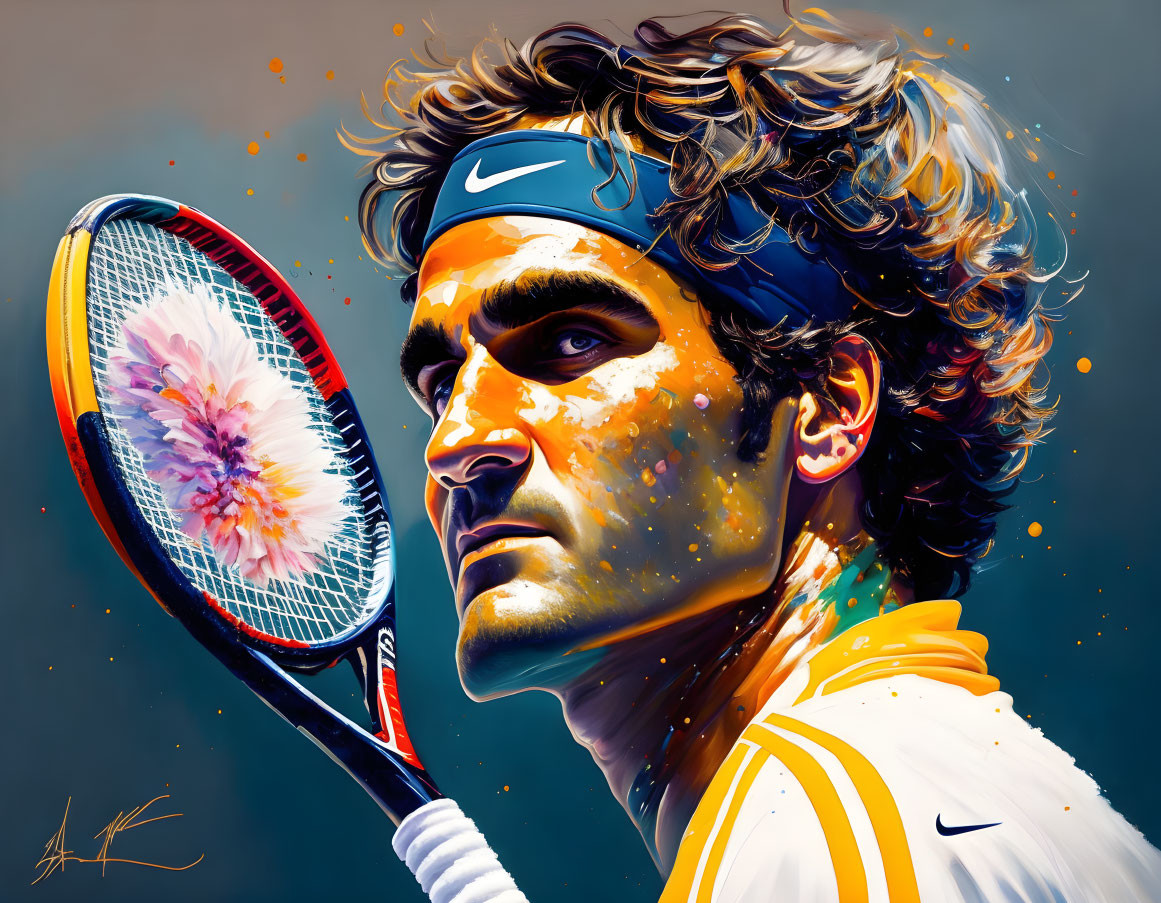 Colorful artwork: Male tennis player with headband, holding racket with floral imprint